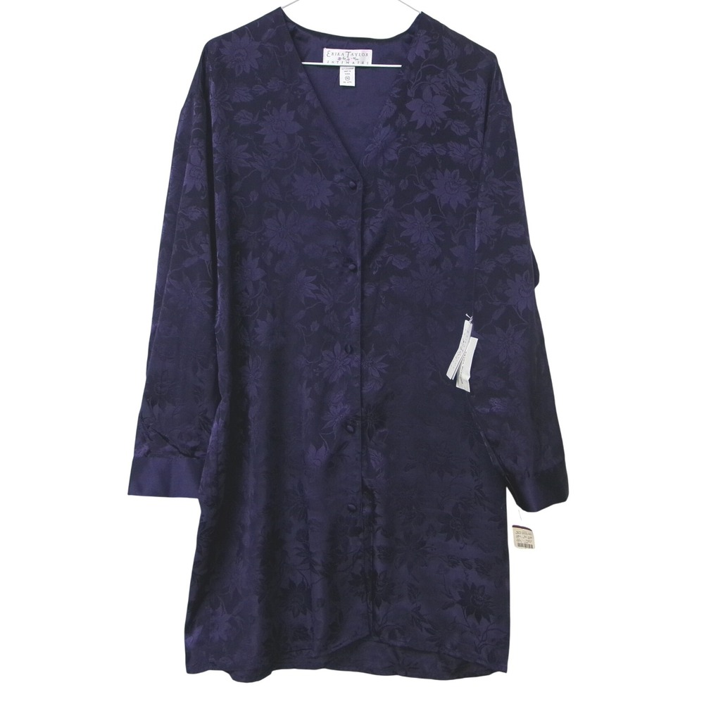 Erika Taylor Intimates Purple Floral Satin Long Sleeve Pajama Sleep Shirt M NEW